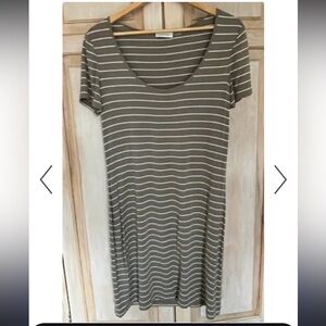 Calvin Klein Taupe and White Striped Scoop-Neck Midi Dress